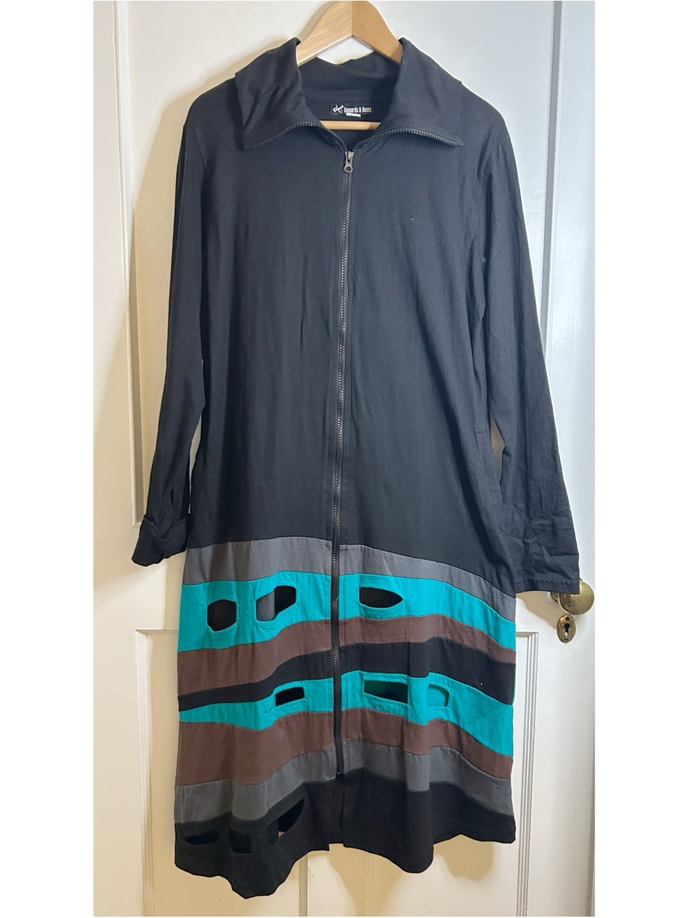 Leopards & Roses Long Zip-Front Dress with Teal, Grey & Brown Stripes XL